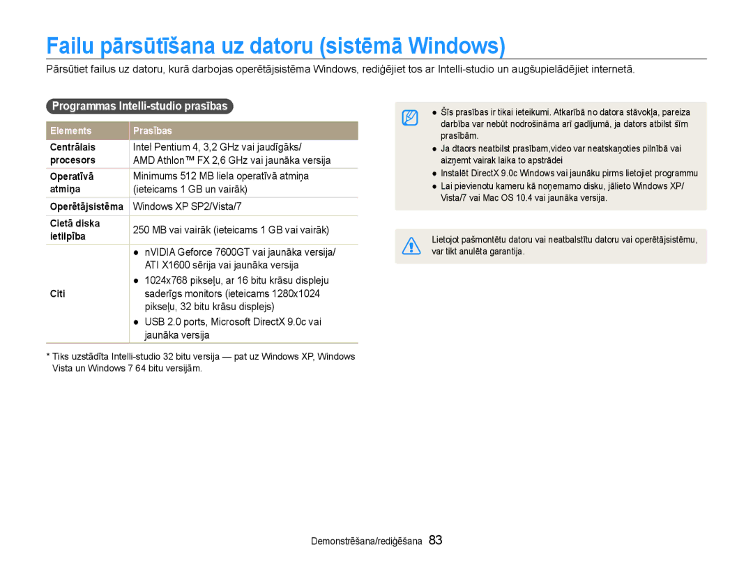 Samsung EC-DV90ZZBPBE2, EC-DV90ZZFPBE2 Failu pārsūtīšana uz datoru sistēmā Windows, Programmas Intelli-studio prasības 