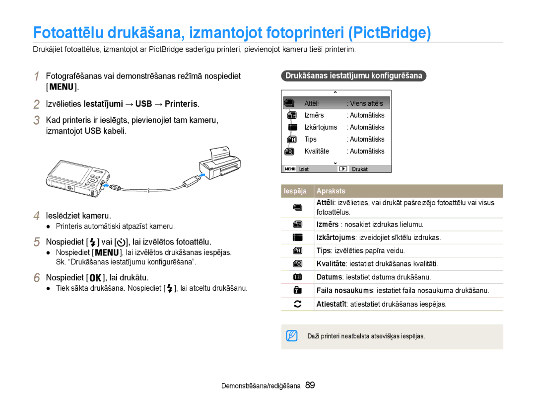 Samsung EC-DV90ZZBPBE2 Fotoattēlu drukāšana, izmantojot fotoprinteri PictBridge, Izvēlieties Iestatījumi → USB → Printeris 