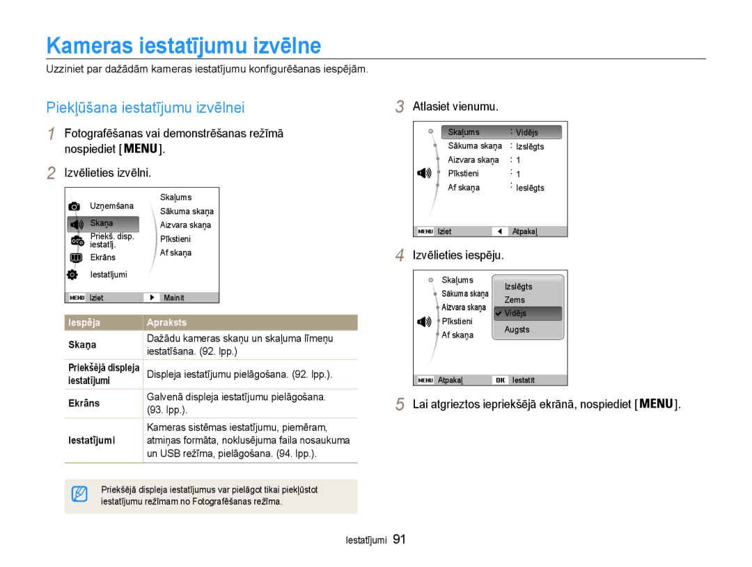 Samsung EC-DV90ZZBPBE2, EC-DV90ZZFPBE2 manual Kameras iestatījumu izvēlne, Piekļūšana iestatījumu izvēlnei, Atlasiet vienumu 