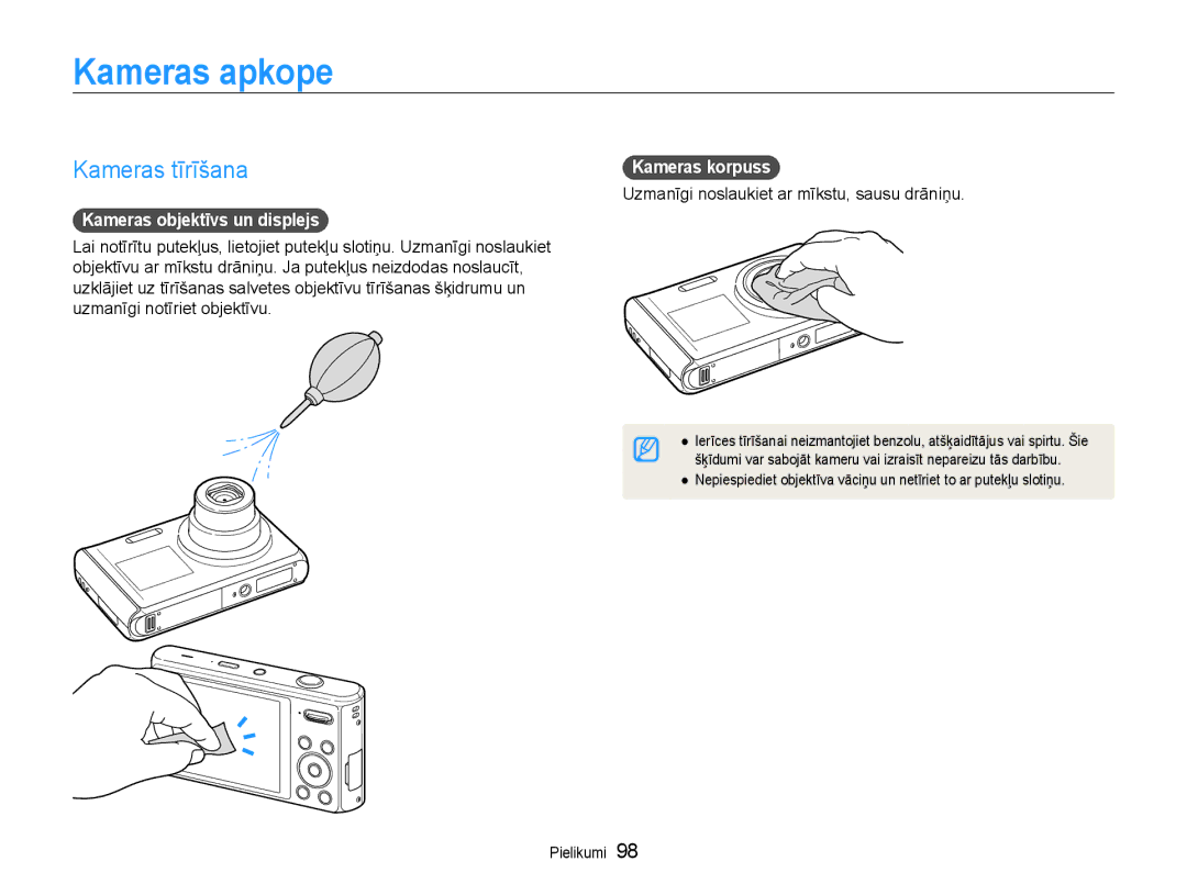 Samsung EC-DV90ZZFPBE2, EC-DV90ZZBPBE2 Kameras apkope, Kameras tīrīšana, Kameras objektīvs un displejs, Kameras korpuss 