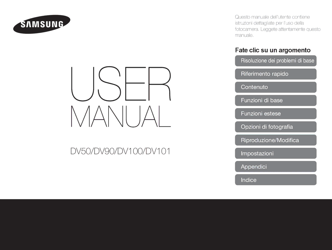 Samsung EC-DV100ZDPSME, EC-DV90ZZFPBE1, EC-DV100ZDDBME, EC-DV100ZDPBME manual DV50/DV90/DV100/DV101Impostazioni 