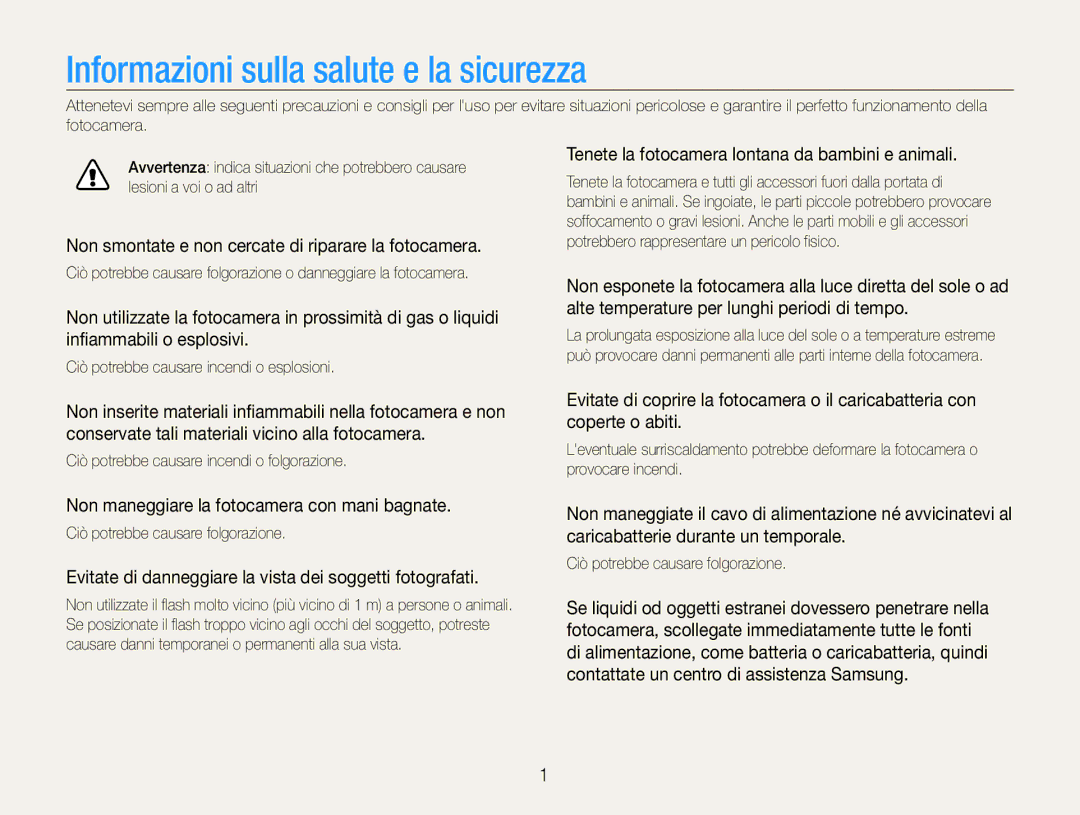 Samsung EC-DV100ZDDBME Informazioni sulla salute e la sicurezza, Non smontate e non cercate di riparare la fotocamera 