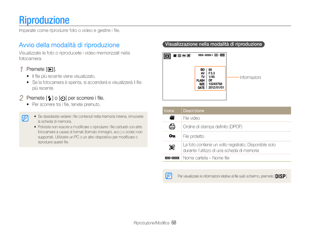 Samsung EC-DV100ZDDSME, EC-DV90ZZFPBE1 Riproduzione, Avvio della modalità di riproduzione, Premete o per scorrere i file 