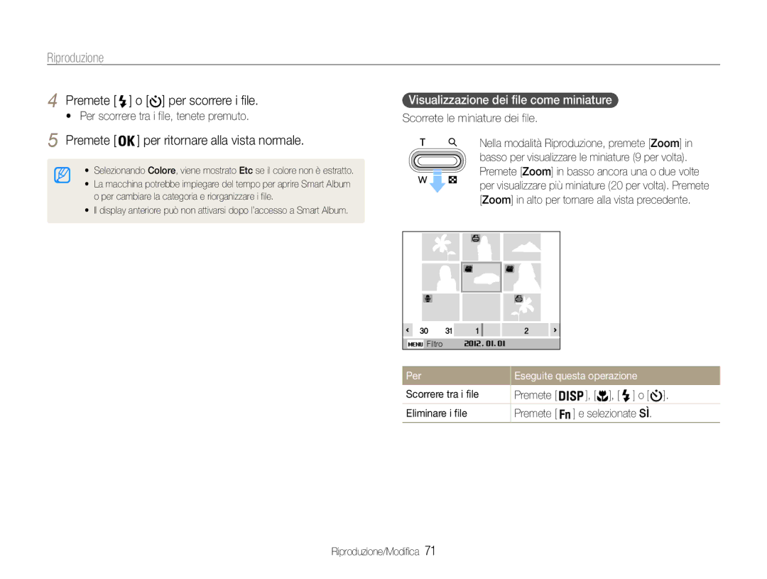 Samsung EC-DV100ZDDBME, EC-DV90ZZFPBE1 Per scorrere tra i file, tenete premuto, Visualizzazione dei file come miniature 