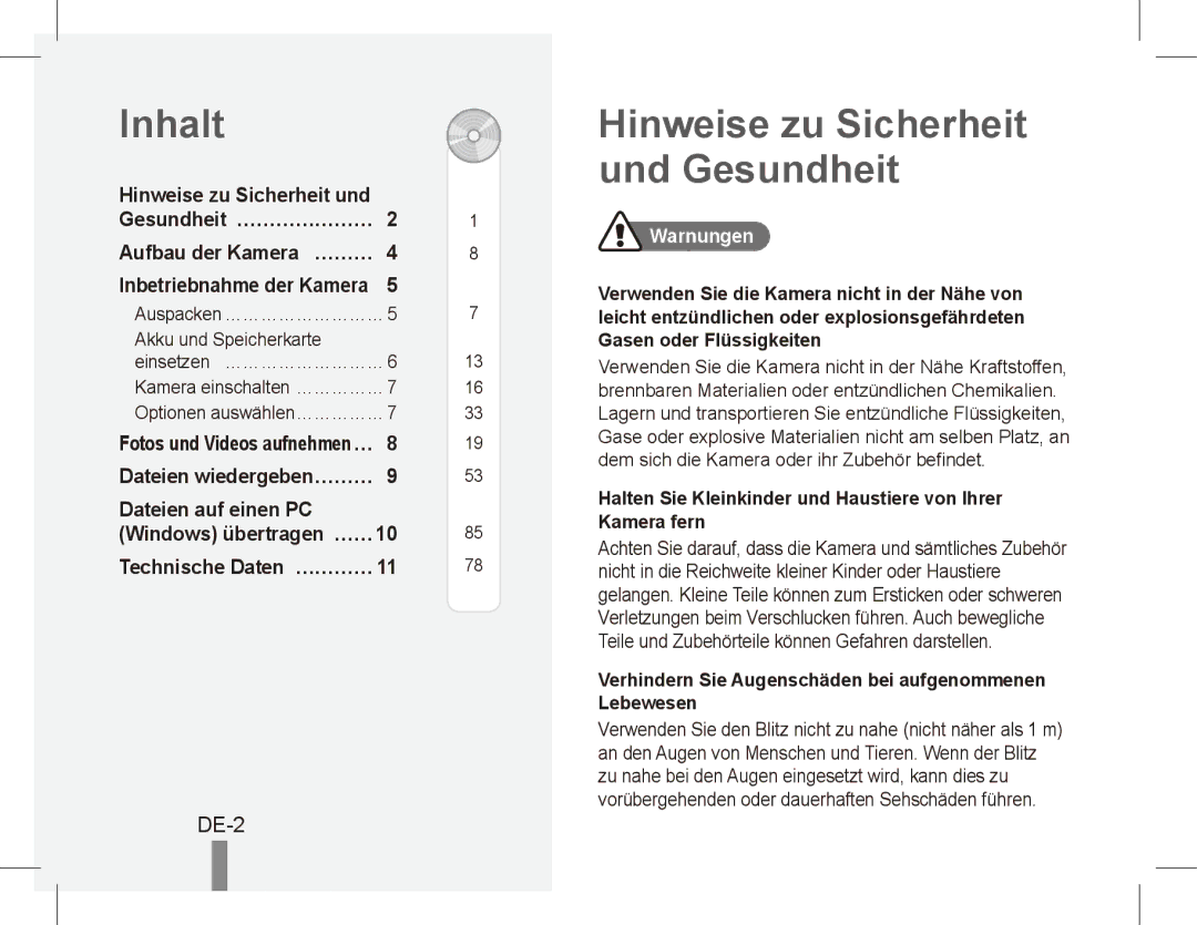 Samsung EC-ES10ZSBA/E1 Inhalt, Hinweise zu Sicherheit und Gesundheit, DE-2, Gesundheit… ………………… Aufbau der Kamera… ……… 