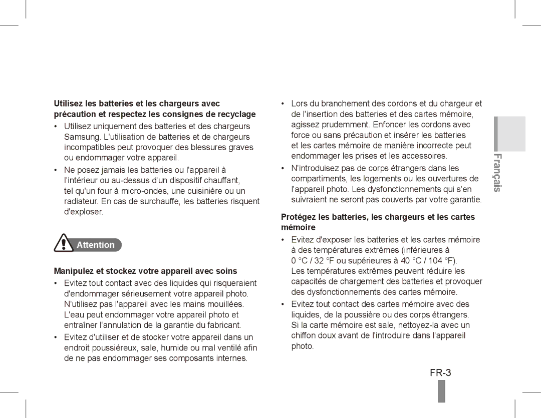 Samsung EC-ES10ZBBA/SA, EC-ES10ZBBA/FR, EC-ES10ZWBA/FR, EC-ES10ZPBA/FR FR-3, Manipulez et stockez votre appareil avec soins 