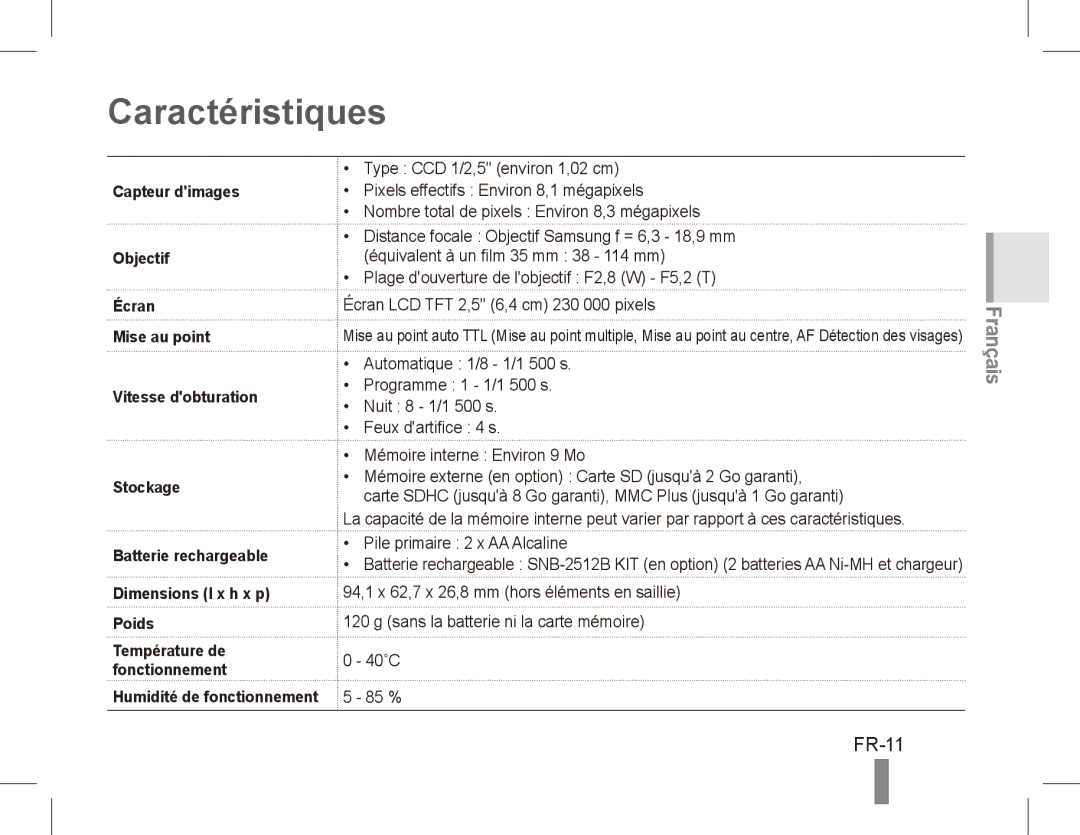 Samsung EC-ES10ZPBA/E3, EC-ES10ZBBA/FR, EC-ES10ZWBA/FR, EC-ES10ZPBA/FR, EC-ES10ZSBA/FR, EC-ES10ZSBA/IT Caractéristiques, FR-11 