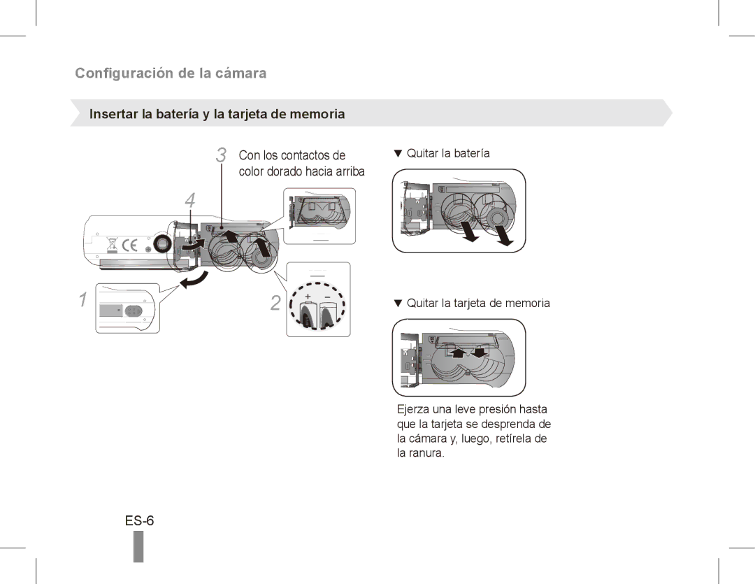 Samsung EC-ES10ZSBA/IL ES-6, Insertar la batería y la tarjeta de memoria, Con los contactos de, Color dorado hacia arriba 