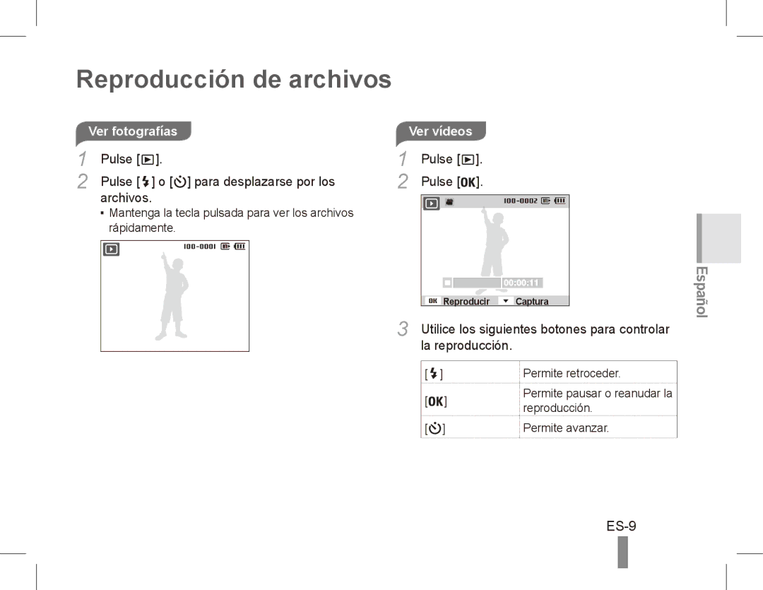 Samsung EC-ES10ZWBA/IL manual Reproducción de archivos, ES-9, Ver fotografías, Pulse Para desplazarse por los Archivos 