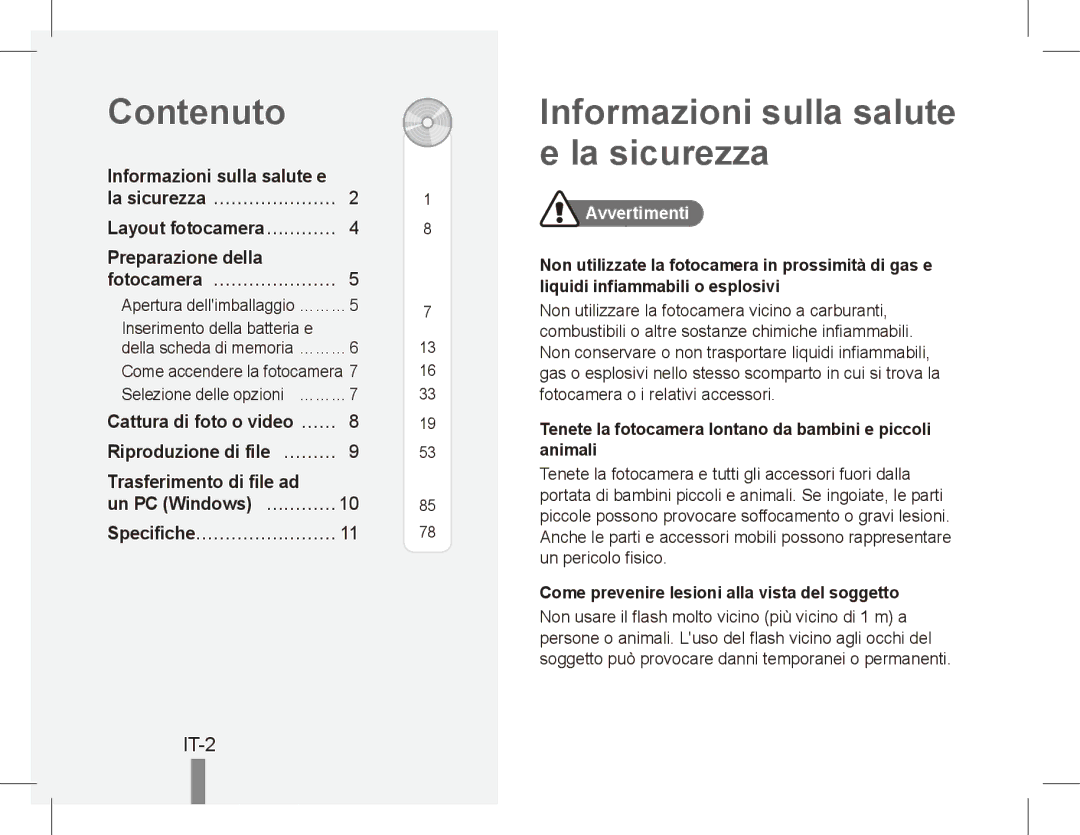 Samsung EC-ES10ZWBA/FR manual Contenuto, Informazioni sulla salute e la sicurezza, IT-2, Specifiche……………………, Avvertimenti 