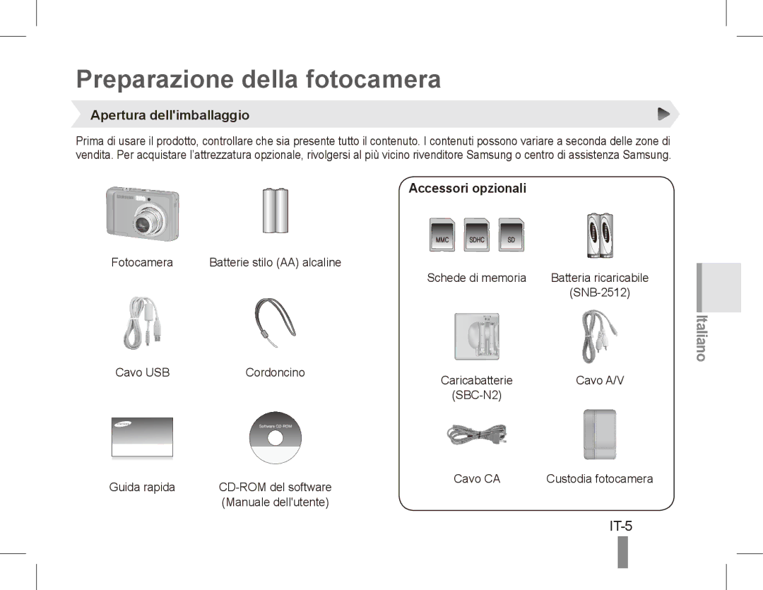 Samsung EC-ES10ZSBA/IT, EC-ES10ZBBA/FR Preparazione della fotocamera, IT-5, Apertura dellimballaggio, Accessori opzionali 