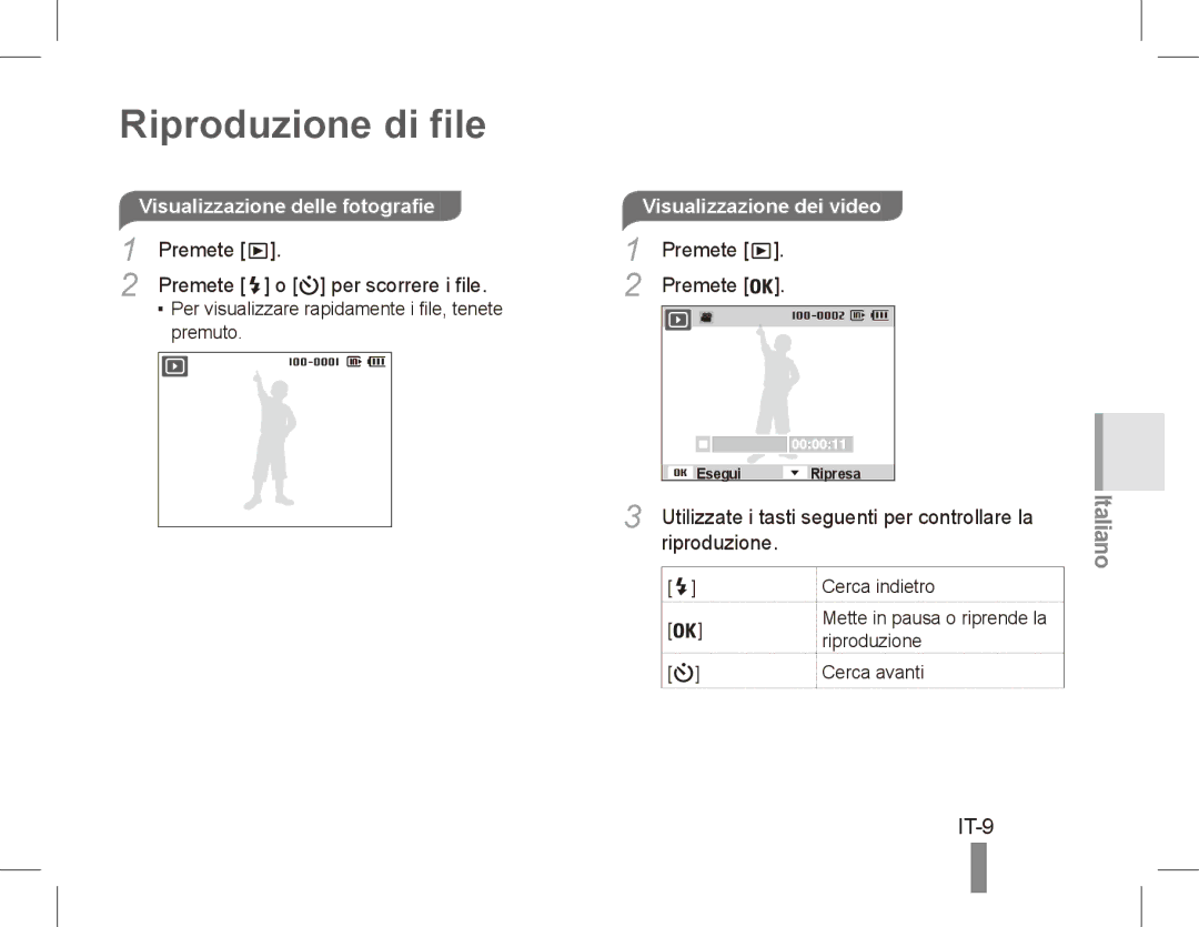 Samsung EC-ES10ZSBA/ZA manual Riproduzione di file, IT-9, Visualizzazione delle fotografie, Premete Per scorrere i file 