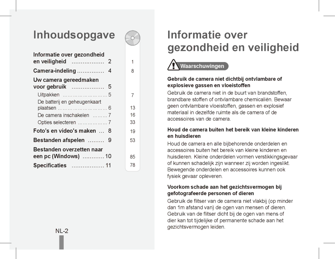 Samsung EC-ES10ZBBA/E1 manual Inhoudsopgave, Informatie over gezondheid en veiligheid, NL-2, Specificaties… ……………… 