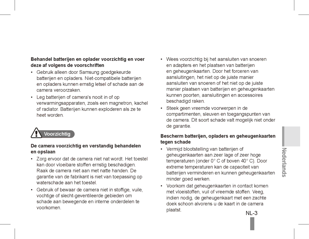 Samsung EC-ES10ZSBA/E1, EC-ES10ZBBA/FR manual Voorzichtig, De camera voorzichtig en verstandig behandelen en opslaan 