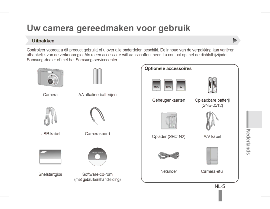 Samsung EC-ES10ZPBA/ES, EC-ES10ZBBA/FR manual Uw camera gereedmaken voor gebruik, NL-5, Uitpakken, Optionele accessoires 