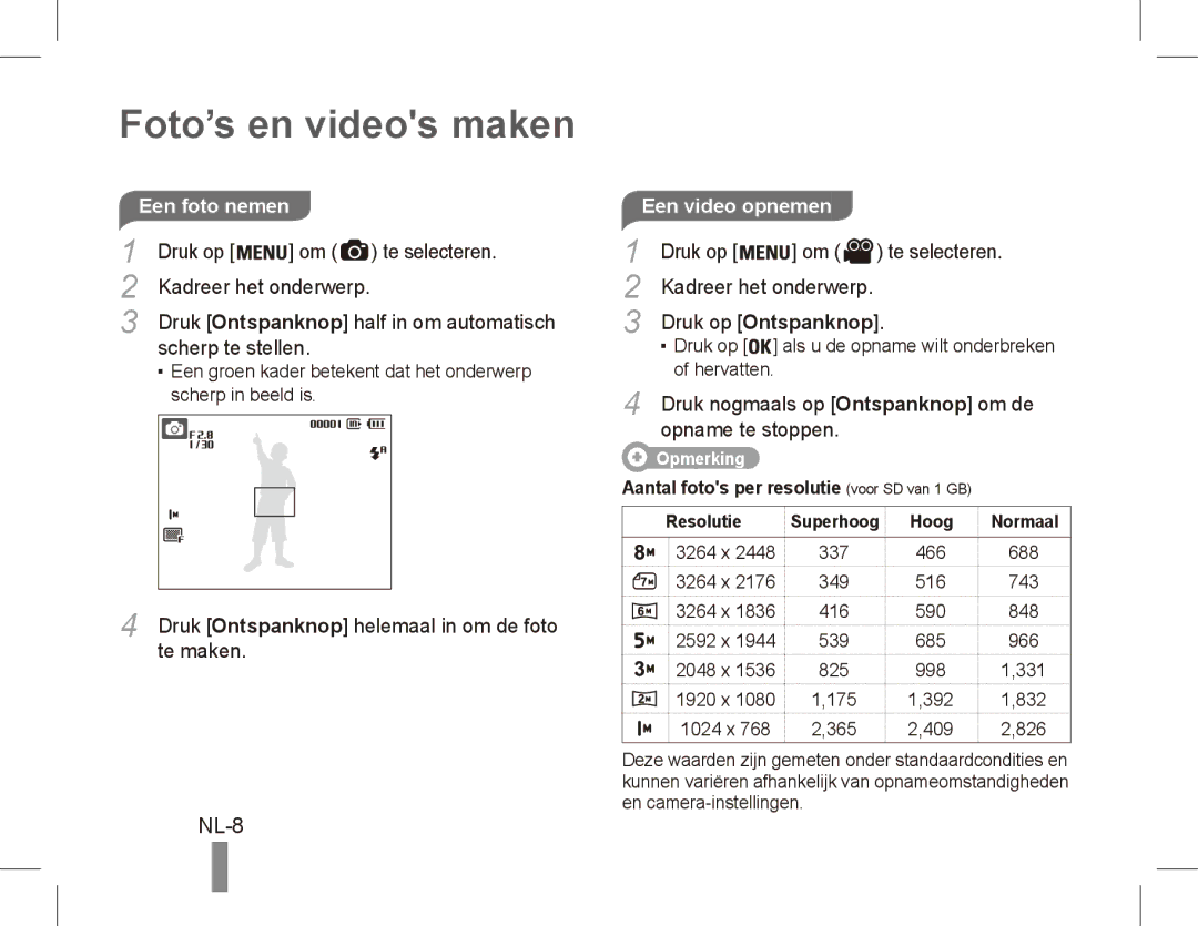 Samsung EC-ES10ZPBA/SA, EC-ES10ZBBA/FR Foto’s en videos maken, NL-8, Een foto nemen, Te maken, Resolutie Superhoog Hoog 