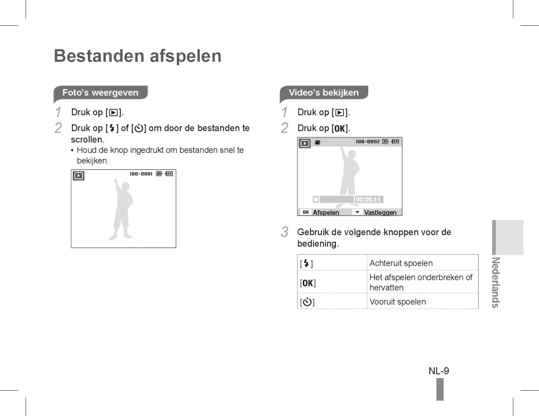 Samsung EC-ES10ZSBA/SA Bestanden afspelen, NL-9, Scrollen, Videos bekijken, Gebruik de volgende knoppen voor de Bediening 