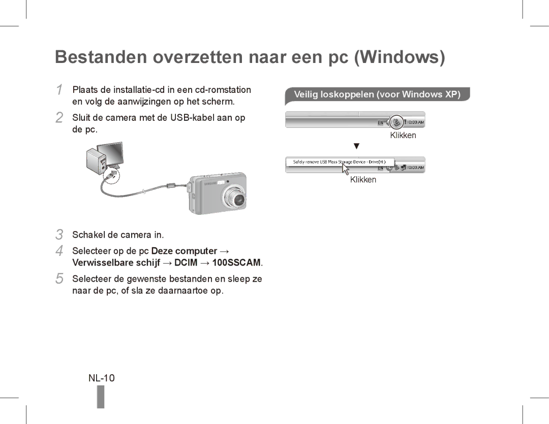 Samsung EC-ES10ZWBA/SA, EC-ES10ZBBA/FR Bestanden overzetten naar een pc Windows, NL-10, Veilig loskoppelen voor Windows XP 