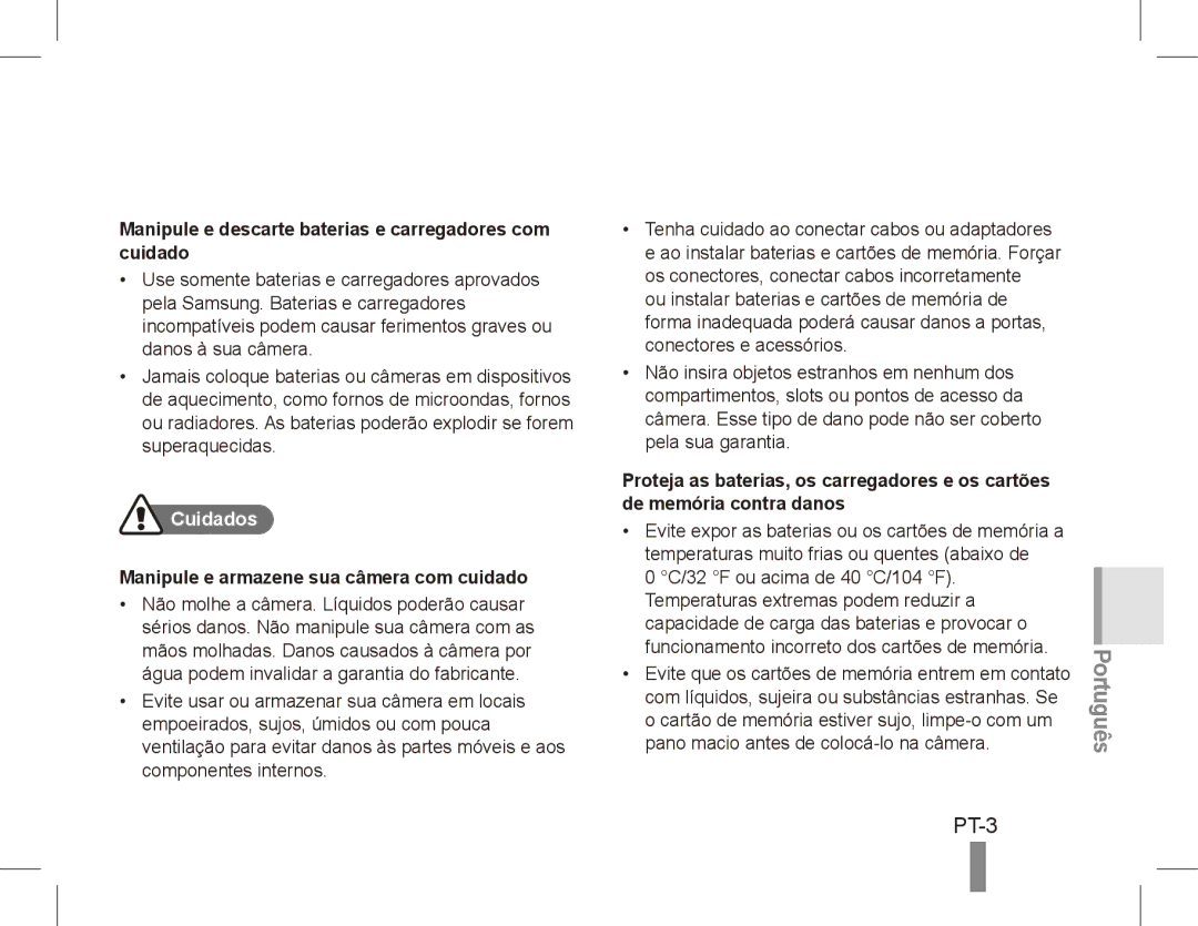 Samsung EC-ES10ZBDA/AE, EC-ES10ZBBA/FR manual PT-3, Manipule e descarte baterias e carregadores com cuidado, Cuidados 