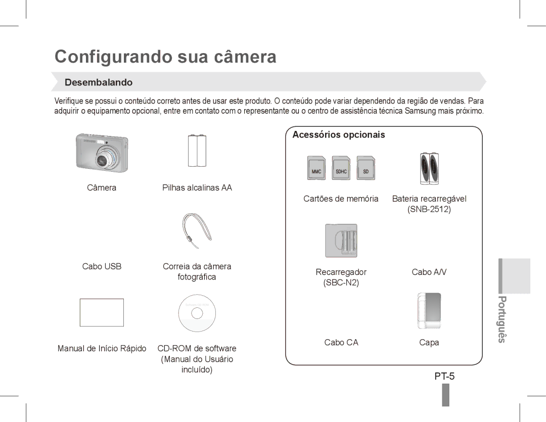 Samsung EC-ES10ZSDA/AE, EC-ES10ZBBA/FR, EC-ES10ZWBA/FR Configurando sua câmera, PT-5, Desembalando, Acessórios opcionais 