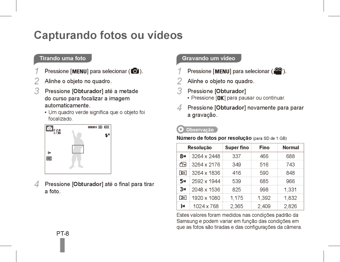 Samsung EC-ES10ZSBP/VN, EC-ES10ZBBA/FR, EC-ES10ZWBA/FR, EC-ES10ZPBA/FR, EC-ES10ZSBA/FR manual Capturando fotos ou vídeos, PT-8 