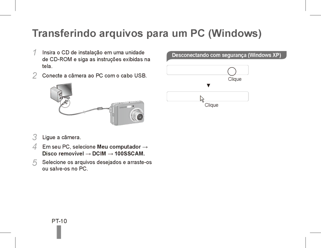 Samsung EC-ES10ZWBA/E3 manual Transferindo arquivos para um PC Windows, PT-10, Desconectando com segurança Windows XP 