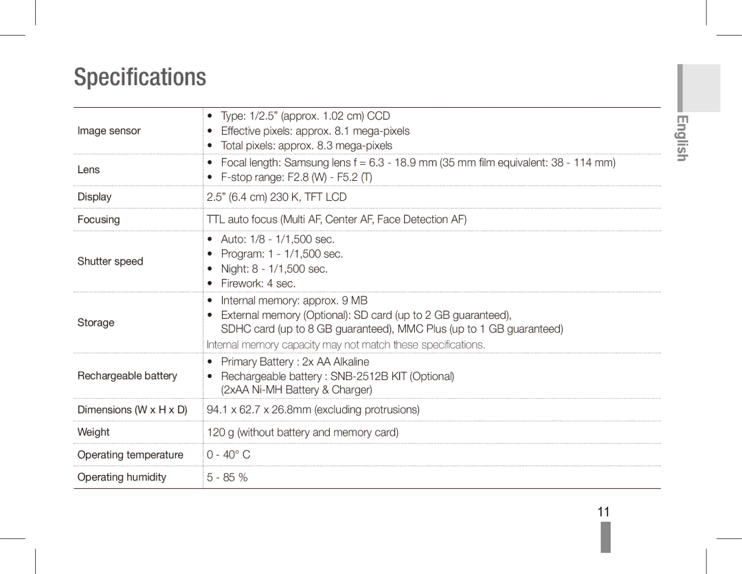 Samsung EC-ES10ZBBA/E1, EC-ES10ZBBA/FR, EC-ES10ZWBA/FR, EC-ES10ZPBA/FR, EC-ES10ZSBA/FR, EC-ES10ZSBA/IT manual Specifications 