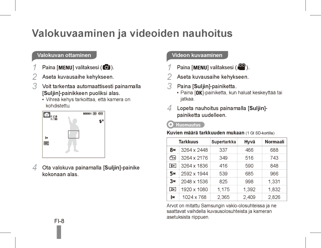 Samsung EC-ES10ZSBA/SA, EC-ES10ZBBA/FR, EC-ES10ZWBA/FR manual Valokuvaaminen ja videoiden nauhoitus, FI-8, Videon kuvaaminen 