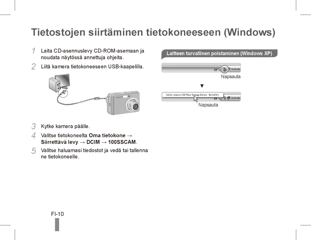 Samsung EC-ES10ZWDA/AE Tietostojen siirtäminen tietokoneeseen Windows, FI-10, Laitteen turvallinen poistaminen Windows XP 