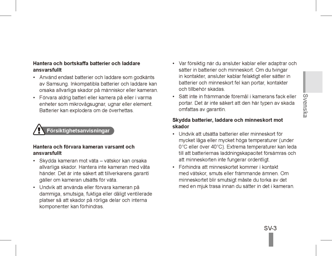 Samsung EC-ES10ZBBA/SA manual SV-3, Hantera och bortskaffa batterier och laddare ansvarsfullt, Försiktighetsanvisningar 