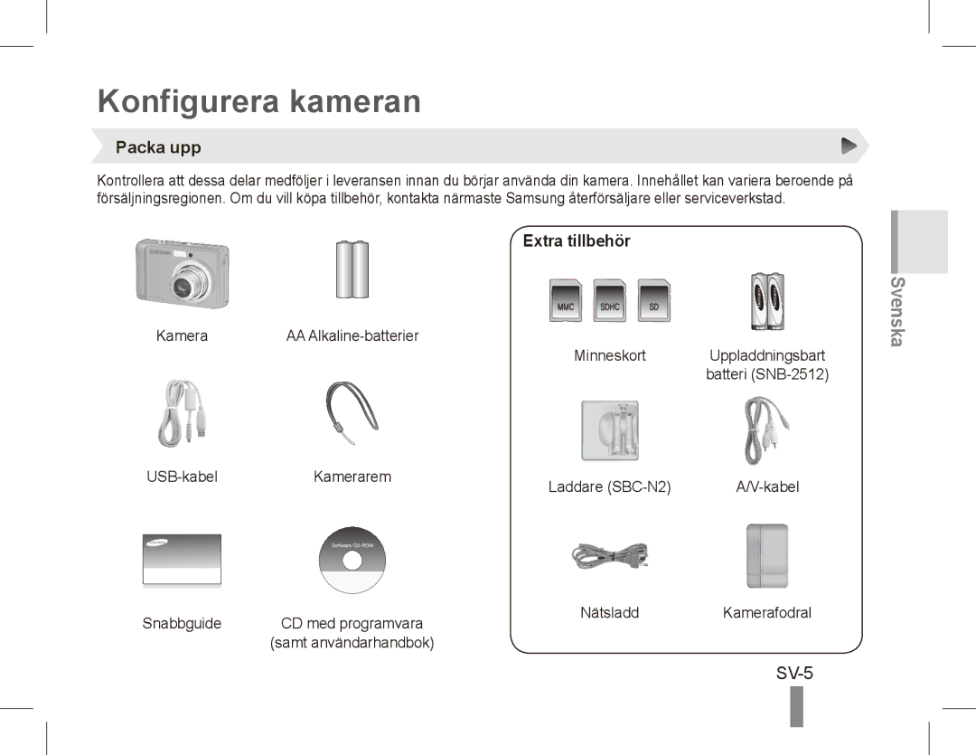 Samsung EC-ES10ZPBP/VN, EC-ES10ZBBA/FR, EC-ES10ZWBA/FR, EC-ES10ZPBA/FR Konfigurera kameran, SV-5, Packa upp, Extra tillbehör 