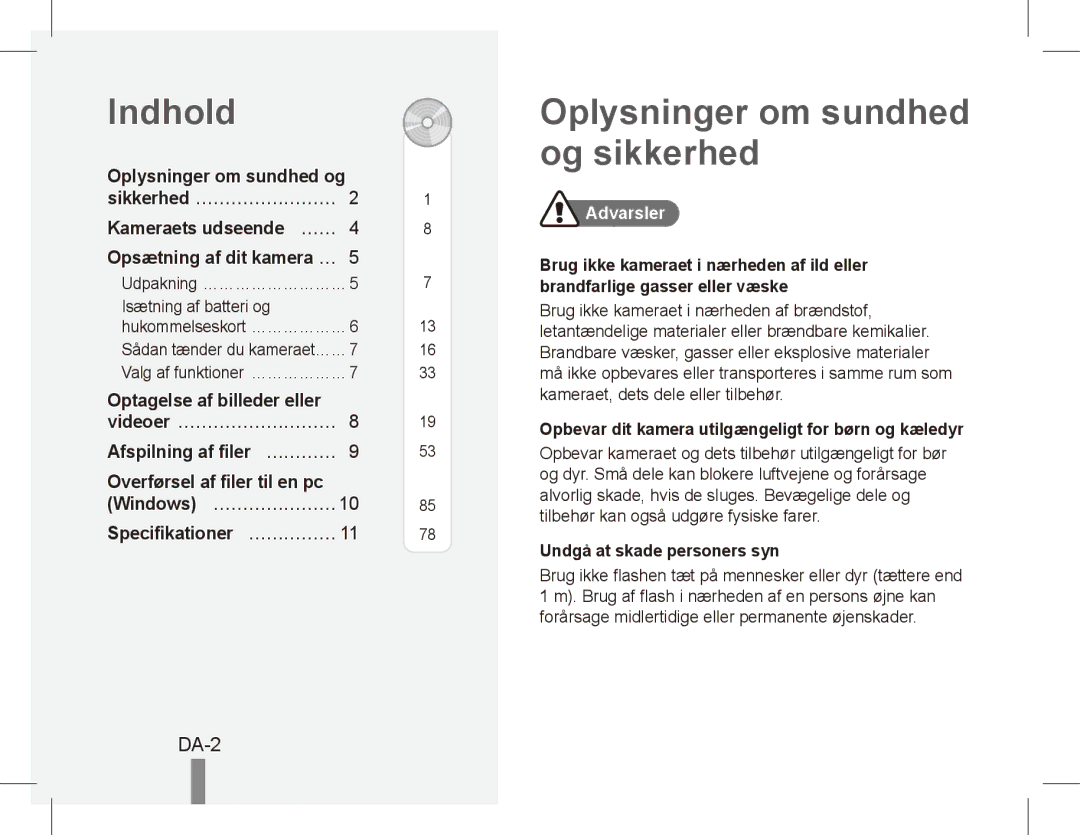 Samsung EC-ES10ZSBA/RU, EC-ES10ZBBA/FR, EC-ES10ZWBA/FR manual Indhold, Oplysninger om sundhed og sikkerhed, DA-2, Advarsler 