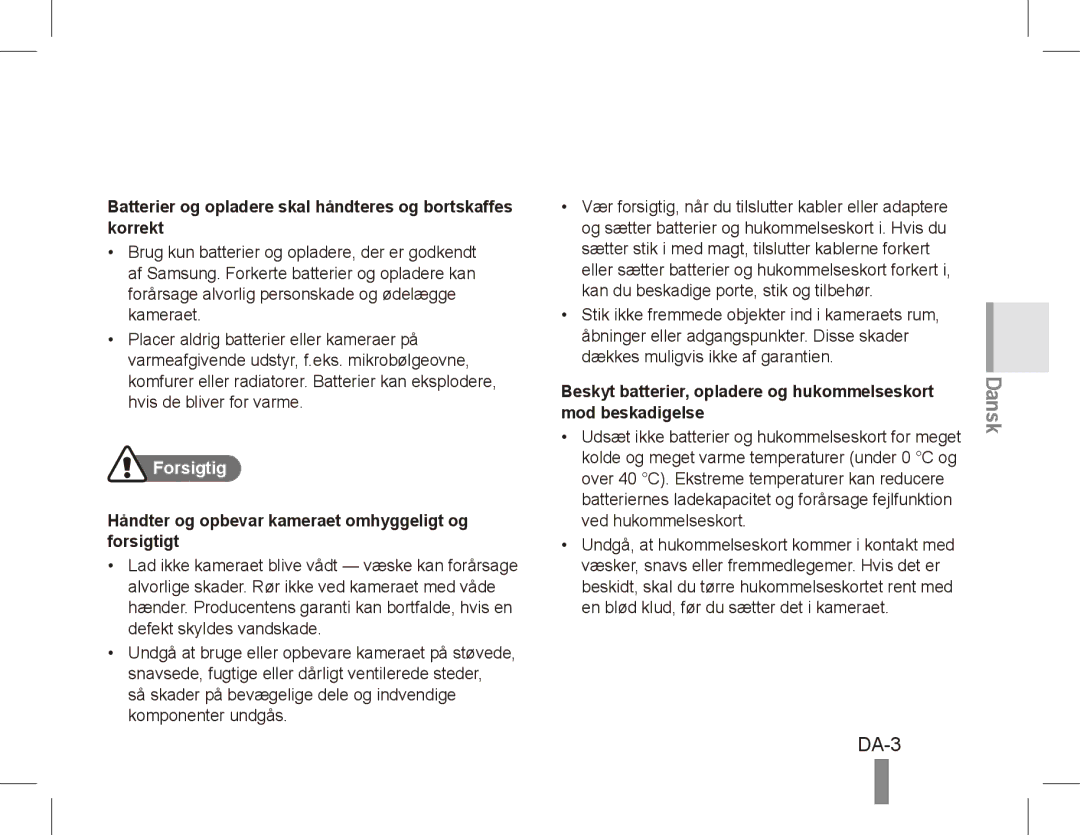 Samsung EC-ES10ZWBA/RU, EC-ES10ZBBA/FR manual DA-3, Batterier og opladere skal håndteres og bortskaffes korrekt, Forsigtig 