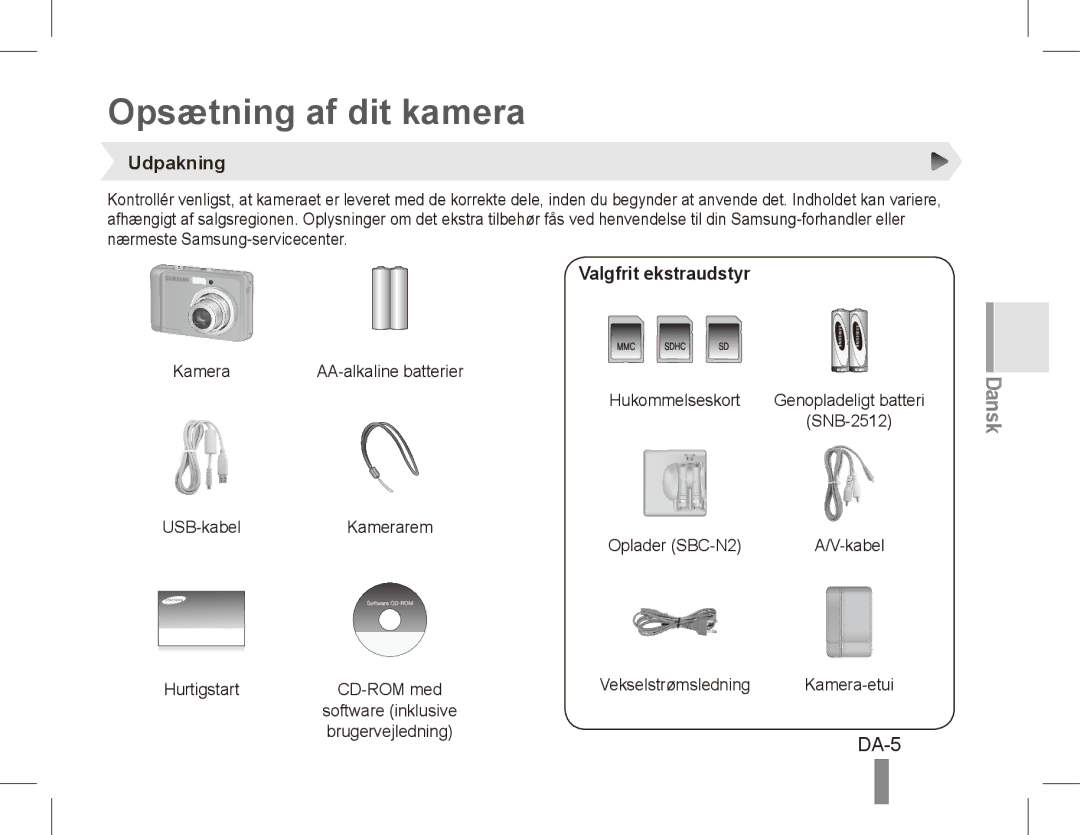 Samsung EC-ES10ZPBA/AR, EC-ES10ZBBA/FR, EC-ES10ZWBA/FR manual Opsætning af dit kamera, Udpakning, Valgfrit ekstraudstyr, DA-5 