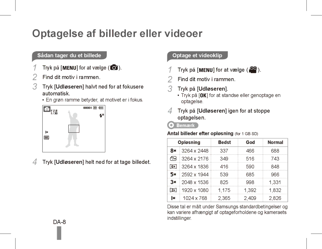 Samsung EC-ES10ZPBA/IL, EC-ES10ZBBA/FR, EC-ES10ZWBA/FR, EC-ES10ZPBA/FR manual Optagelse af billeder eller videoer, DA-8 