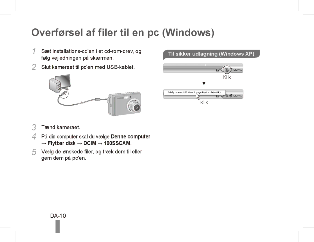 Samsung EC-ES10ZBBA/IL, EC-ES10ZBBA/FR manual Overførsel af filer til en pc Windows, DA-10, Til sikker udtagning Windows XP 