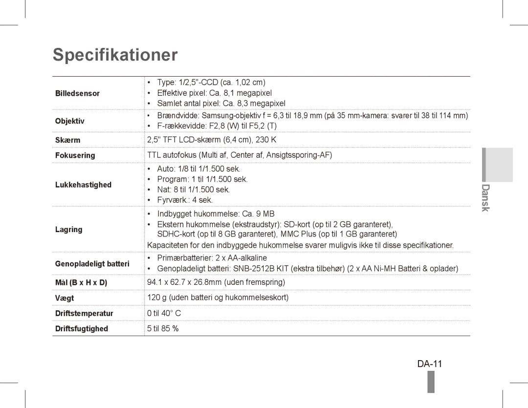 Samsung EC-ES10ZBBA/FR, EC-ES10ZWBA/FR, EC-ES10ZPBA/FR, EC-ES10ZSBA/FR, EC-ES10ZSBA/IT, EC-ES10ZBBA/IT Specifikationer, DA-11 