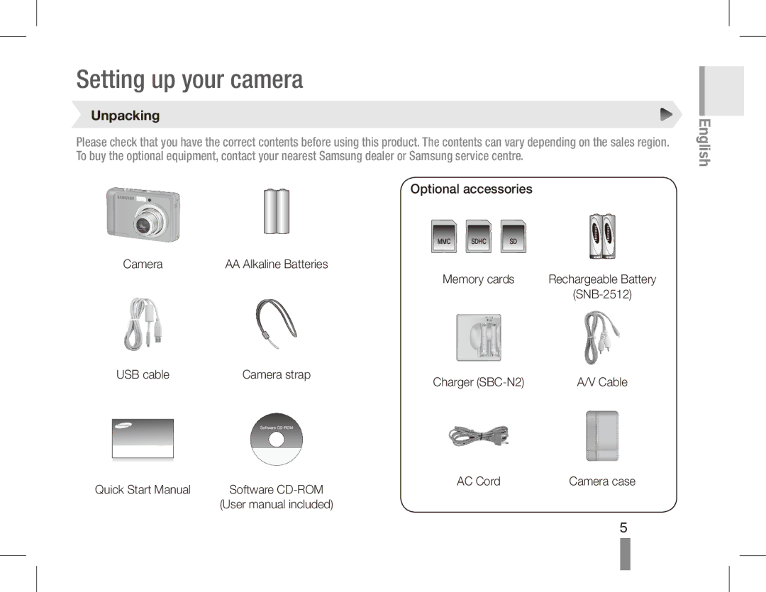 Samsung EC-ES10ZBBA/IT, EC-ES10ZBBA/FR, EC-ES10ZWBA/FR, EC-ES10ZPBA/FR, EC-ES10ZSBA/FR manual Unpacking, Optional accessories 