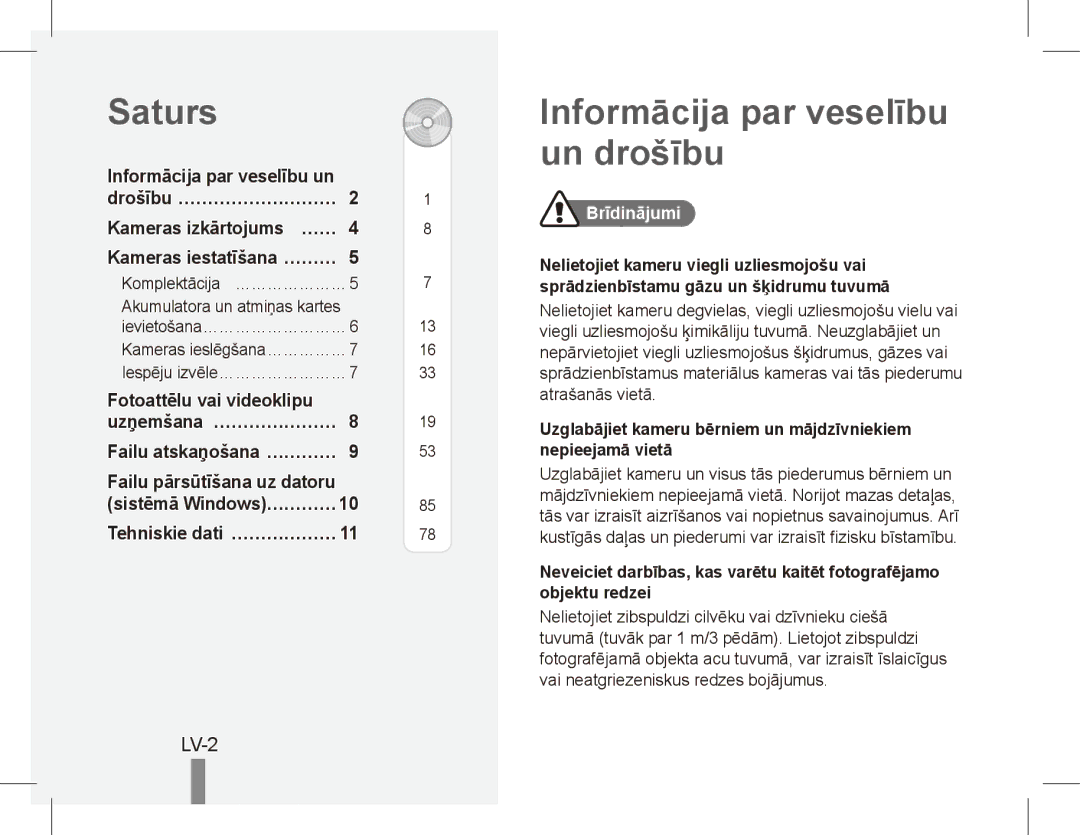 Samsung EC-ES10ZBBA/E1 Saturs, Informācija par veselību un drošību, LV-2, Drošību…………………………, Fotoattēlu vai videoklipu 