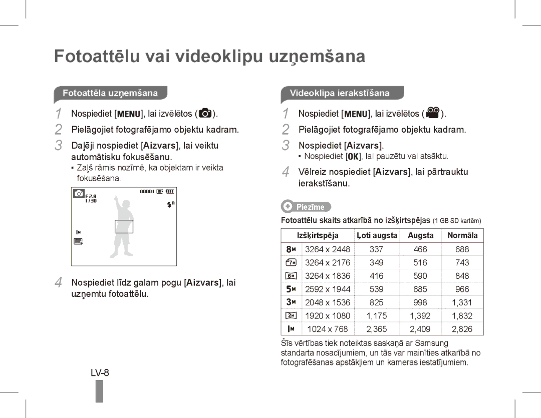 Samsung EC-ES10ZPBA/SA, EC-ES10ZBBA/FR, EC-ES10ZWBA/FR Fotoattēlu vai videoklipu uzņemšana, LV-8, Videoklipa ierakstīšana 