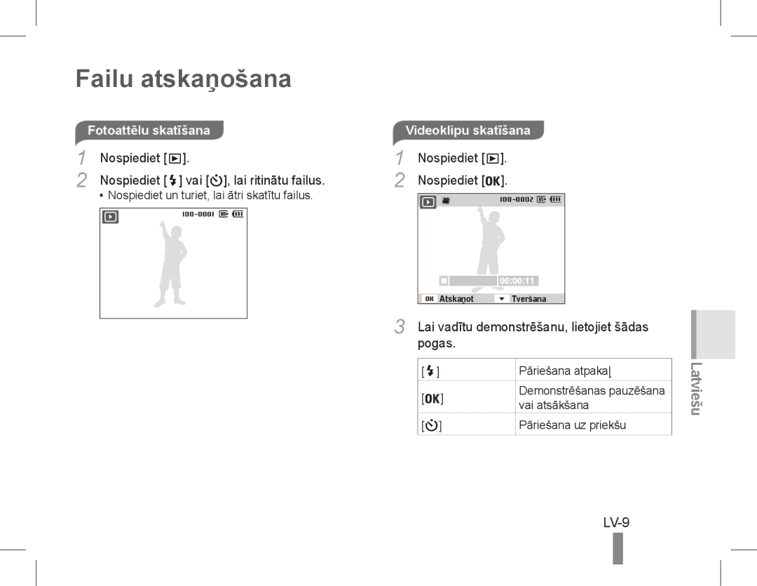 Samsung EC-ES10ZSBA/SA, EC-ES10ZBBA/FR manual Failu atskaņošana, LV-9, Fotoattēlu skatīšanaVideoklipu skatīšana, Pogas 