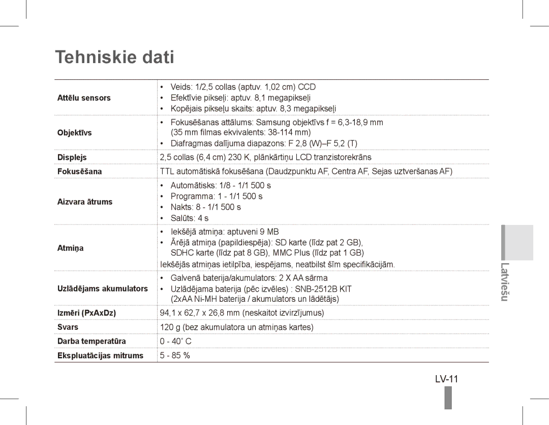 Samsung EC-ES10ZWDA/AE, EC-ES10ZBBA/FR, EC-ES10ZWBA/FR, EC-ES10ZPBA/FR, EC-ES10ZSBA/FR, EC-ES10ZSBA/IT Tehniskie dati, LV-11 