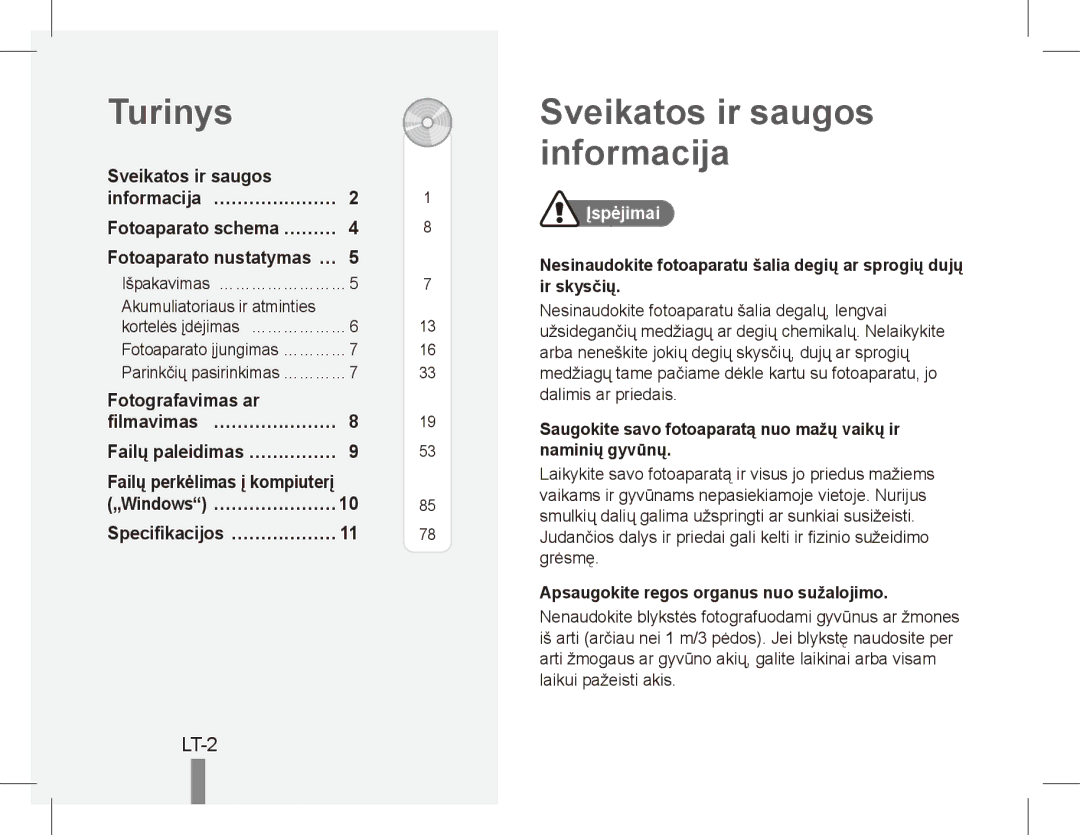 Samsung EC-ES10ZPDA/AE, EC-ES10ZBBA/FR, EC-ES10ZWBA/FR manual Turinys, Sveikatos ir saugos informacija, LT-2, Įspėjimai 