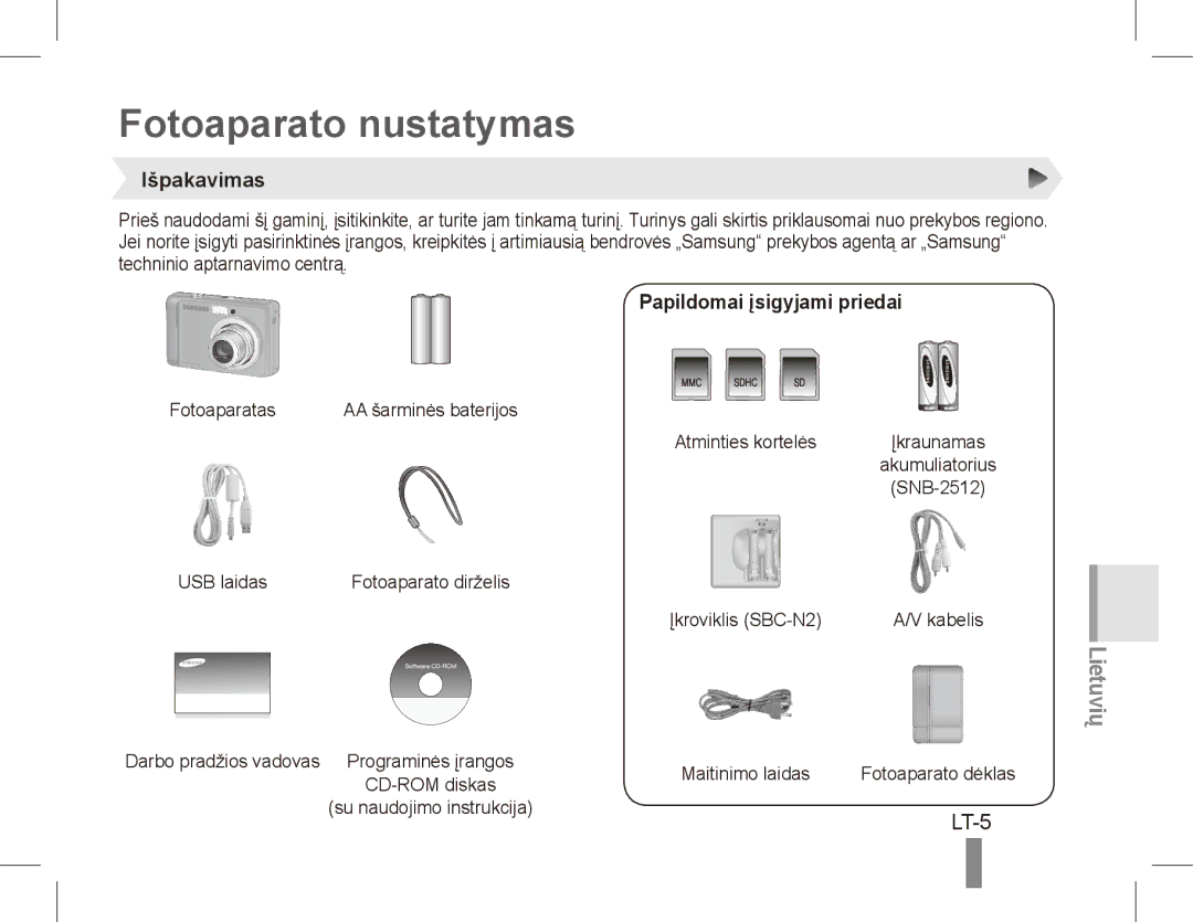 Samsung EC-ES10ZSDA/AE, EC-ES10ZBBA/FR manual Fotoaparato nustatymas, LT-5, Išpakavimas, Papildomai įsigyjami priedai 