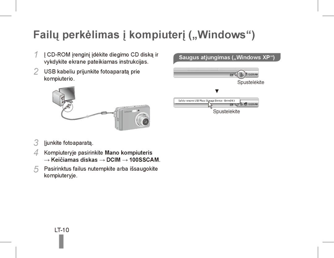 Samsung EC-ES10ZWBA/E3, EC-ES10ZBBA/FR manual Failų perkėlimas į kompiuterį „Windows, LT-10, Saugus atjungimas „Windows XP 