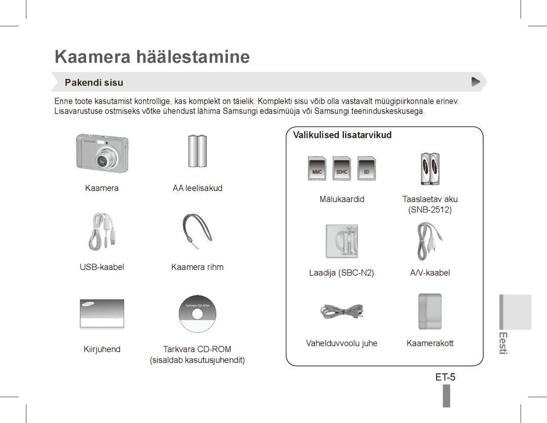 Samsung EC-ES10ZPBA/RU, EC-ES10ZBBA/FR, EC-ES10ZWBA/FR, EC-ES10ZPBA/FR manual Kaamera häälestamine, ET-5, Pakendi sisu 