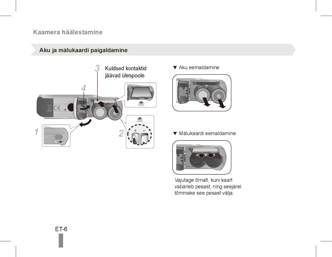 Samsung EC-ES10ZPBA/AR, EC-ES10ZBBA/FR, EC-ES10ZWBA/FR, EC-ES10ZPBA/FR, EC-ES10ZSBA/FR ET-6, Aku ja mälukaardi paigaldamine 