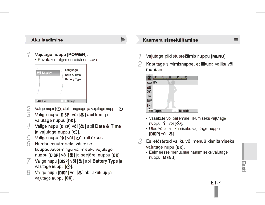 Samsung EC-ES10ZSBA/IL, EC-ES10ZBBA/FR, EC-ES10ZWBA/FR manual ET-7, Aku laadimine, Vajutage nuppu Power, Abil Date & Time 