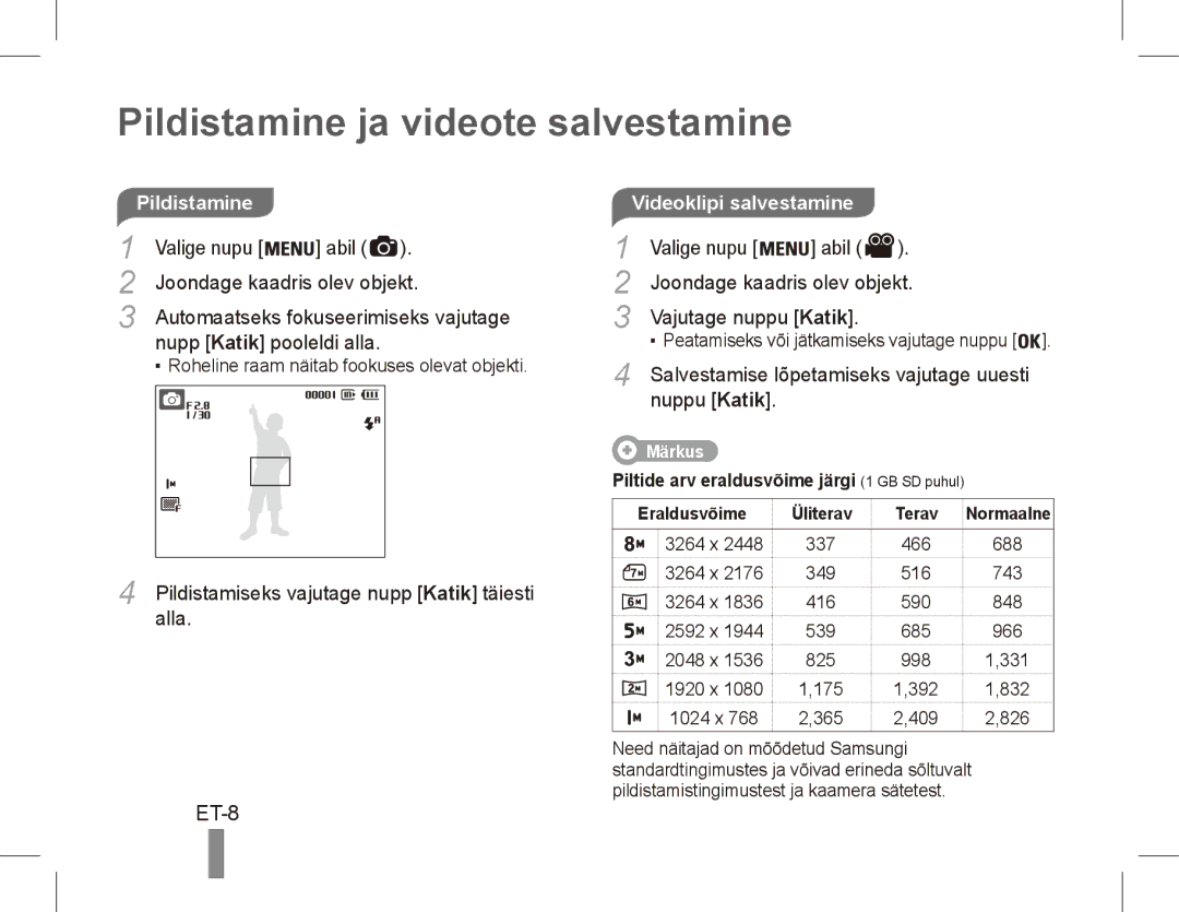 Samsung EC-ES10ZWBA/AR, EC-ES10ZBBA/FR, EC-ES10ZWBA/FR Pildistamine ja videote salvestamine, ET-8, Videoklipi salvestamine 