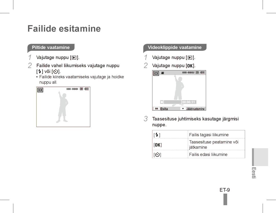 Samsung EC-ES10ZPBA/IL, EC-ES10ZBBA/FR, EC-ES10ZWBA/FR, EC-ES10ZPBA/FR manual Failide esitamine, ET-9, Videoklippide vaatamine 